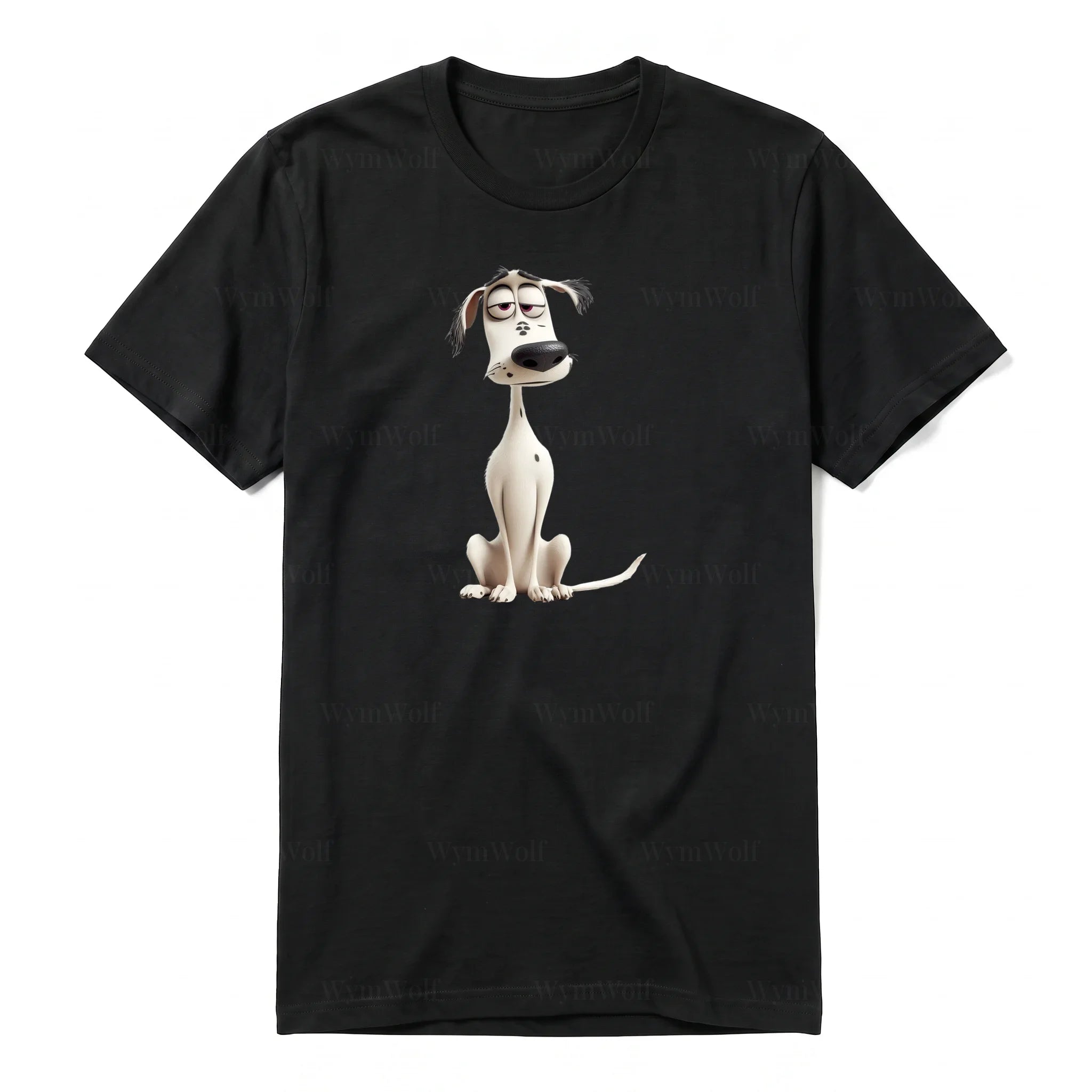 Un T-shirt noir à manches courtes et col rond, orné d'un motif représentant un chien sur le devant.