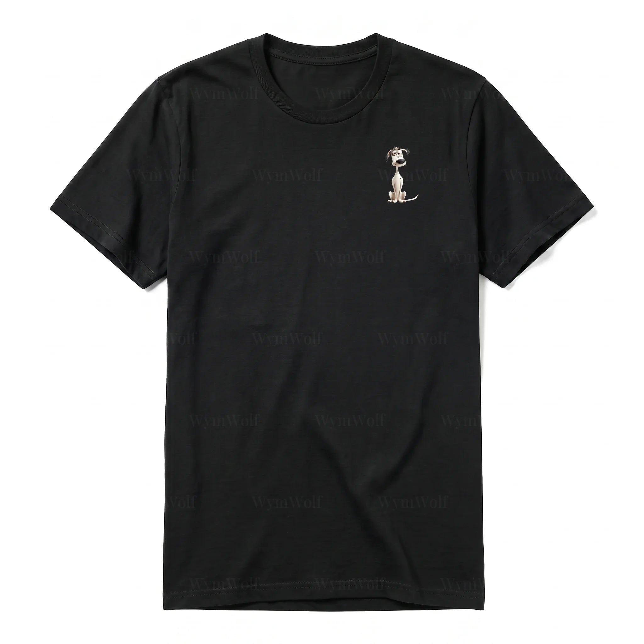 Un T-shirt noir à manches courtes et col rond, orné d'un motif représentant un chien sur la poitrine gauche.