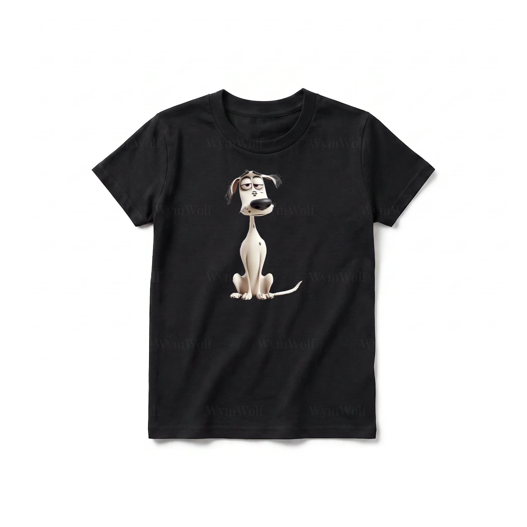Un T-shirt noir à manches courtes et col rond pour jeune, orné d'un motif représentant un chien sur le devant.