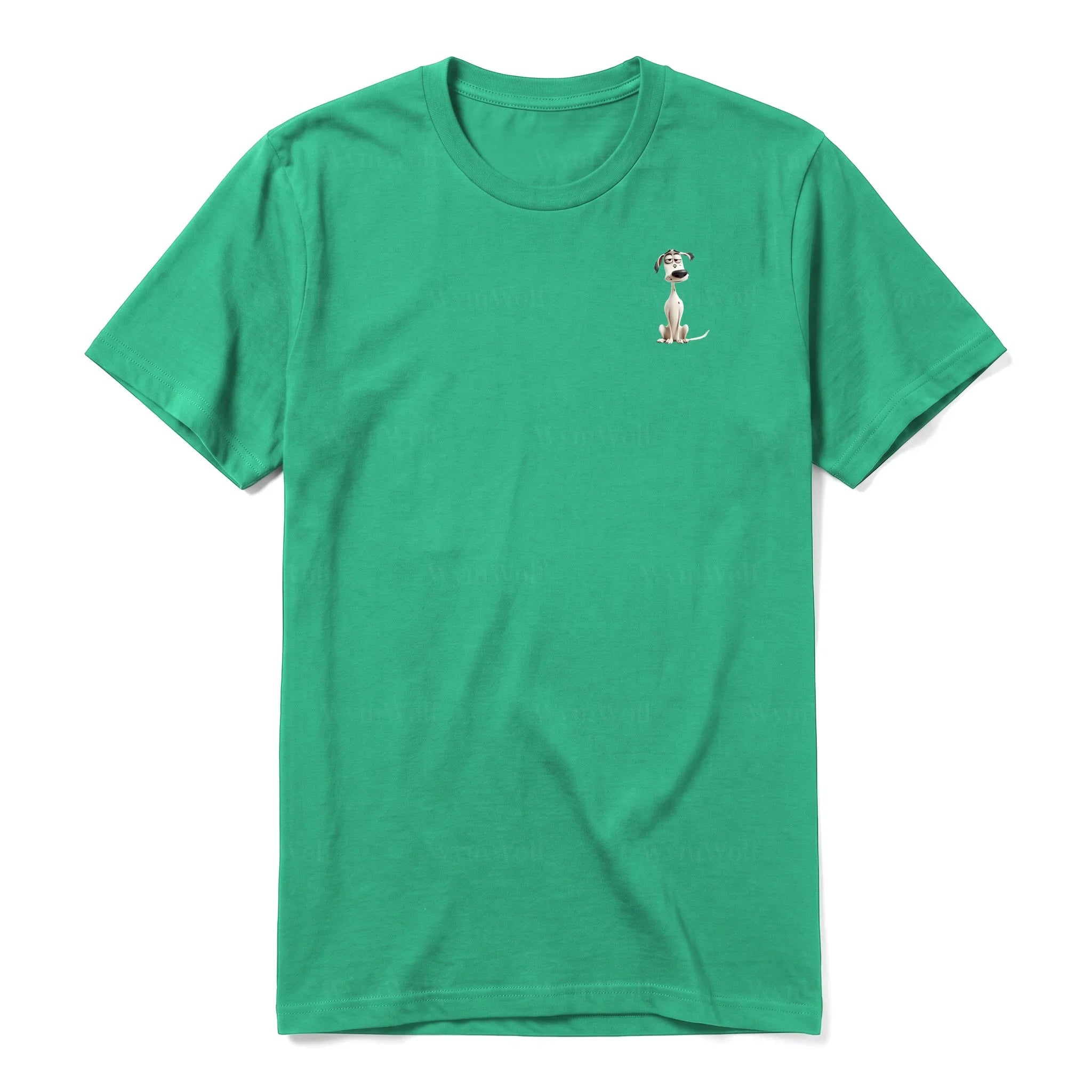 Un T-shirt kelly à manches courtes et col rond, orné d'un motif représentant un chien sur la poitrine gauche.