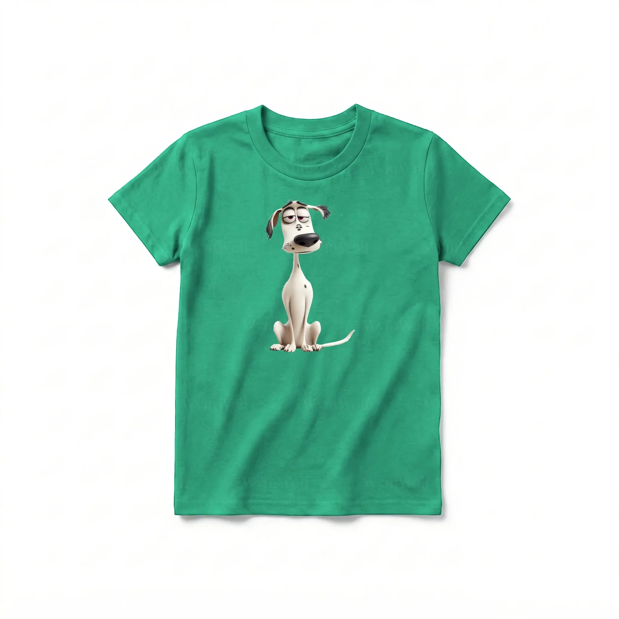 Un T-shirt kelly à manches courtes et col rond pour jeune, orné d'un motif représentant un chien sur le devant.