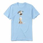 A powder short-sleeve crewneck t-shirt for adult featuring a graphic of a dog on the front.