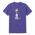 A purple short-sleeve crewneck t-shirt for adult featuring a graphic of a dog on the front.