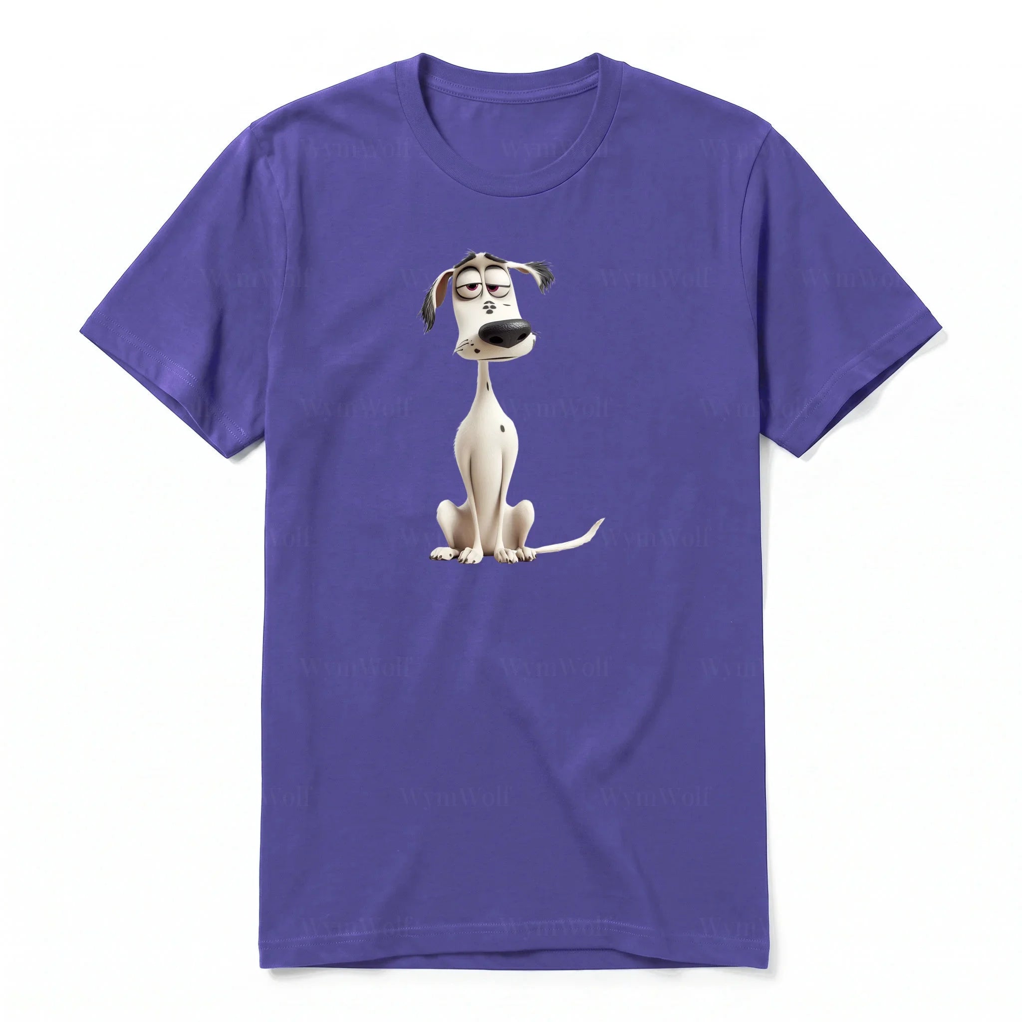 A purple short-sleeve crewneck t-shirt for adult featuring a graphic of a dog on the front.