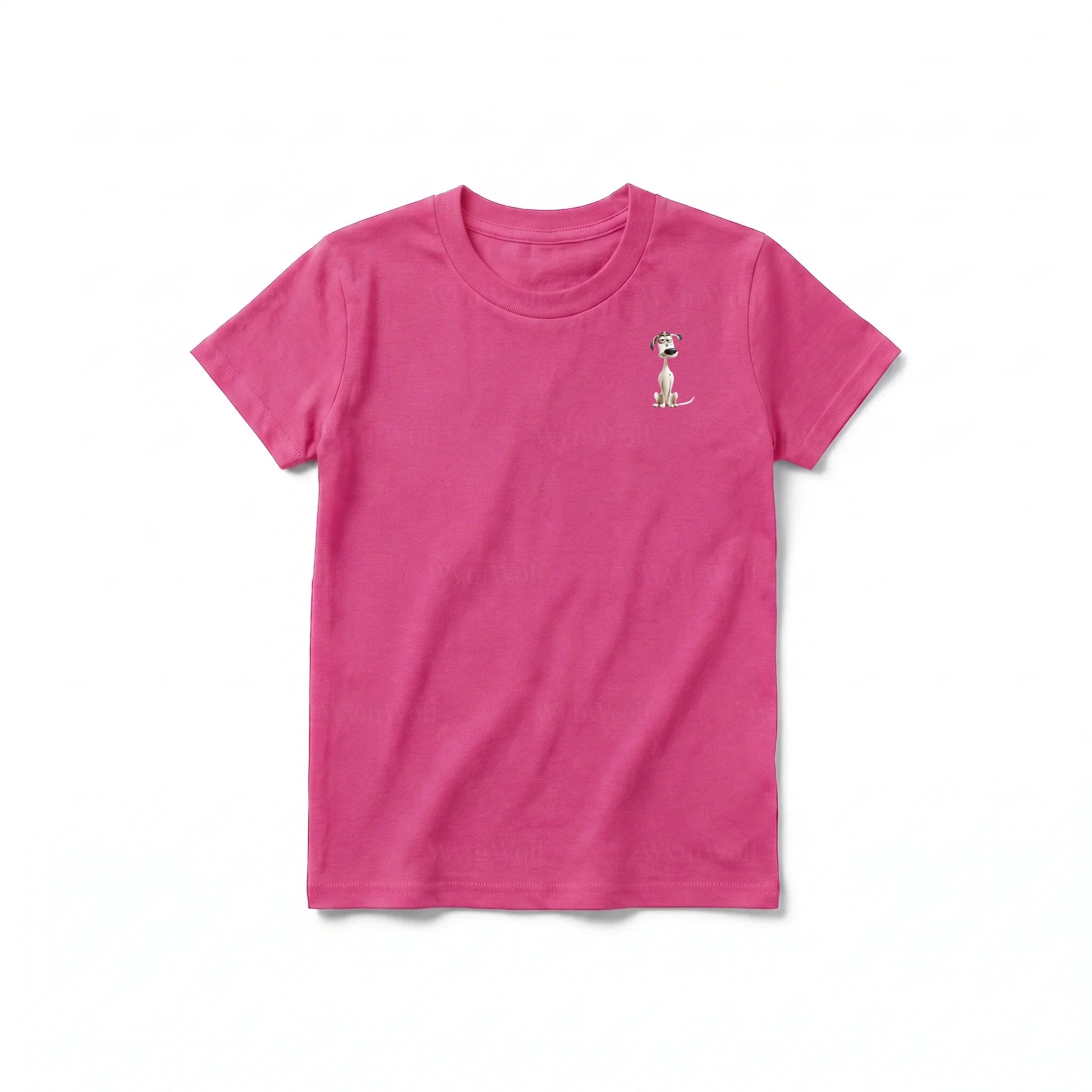 A raspberry short-sleeve crewneck t-shirt for youth featuring a graphic of a dog on the left chest.