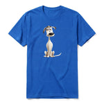 Un T-shirt royal à manches courtes et col rond, orné d'un motif représentant un chien sur le devant.
