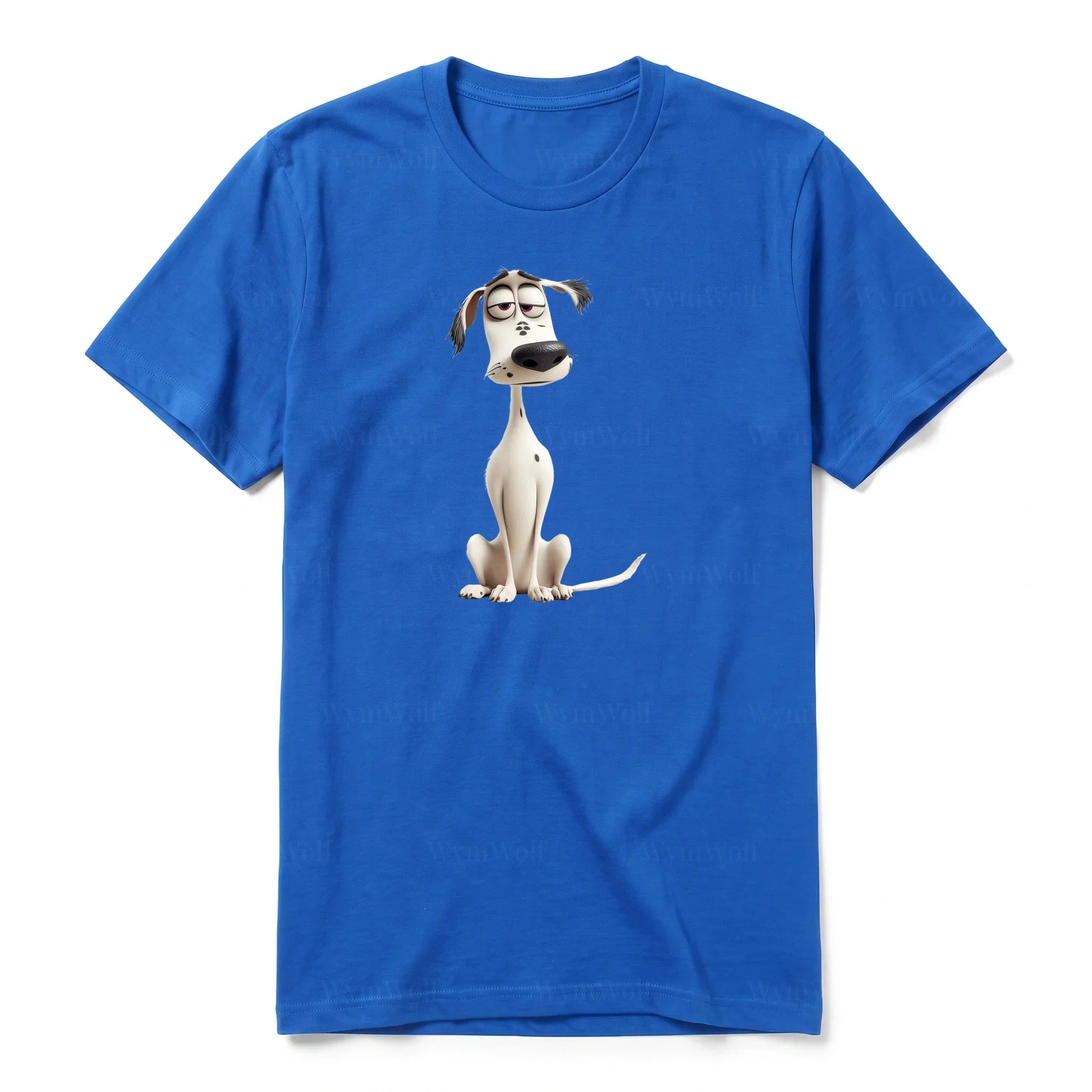 Un T-shirt royal à manches courtes et col rond, orné d'un motif représentant un chien sur le devant.