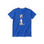 Un T-shirt royal à manches courtes et col rond pour jeune, orné d'un motif représentant un chien sur le devant.