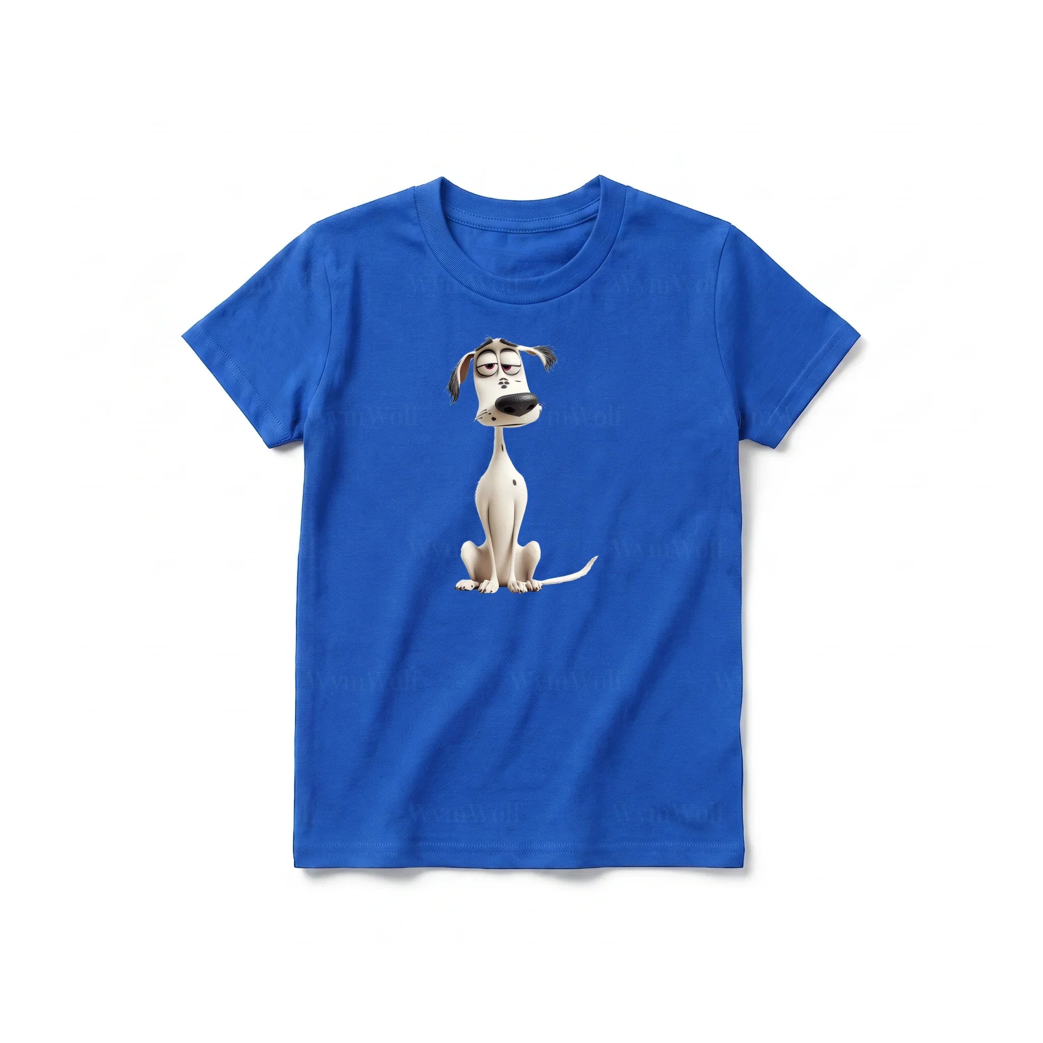 Un T-shirt royal à manches courtes et col rond pour jeune, orné d'un motif représentant un chien sur le devant.