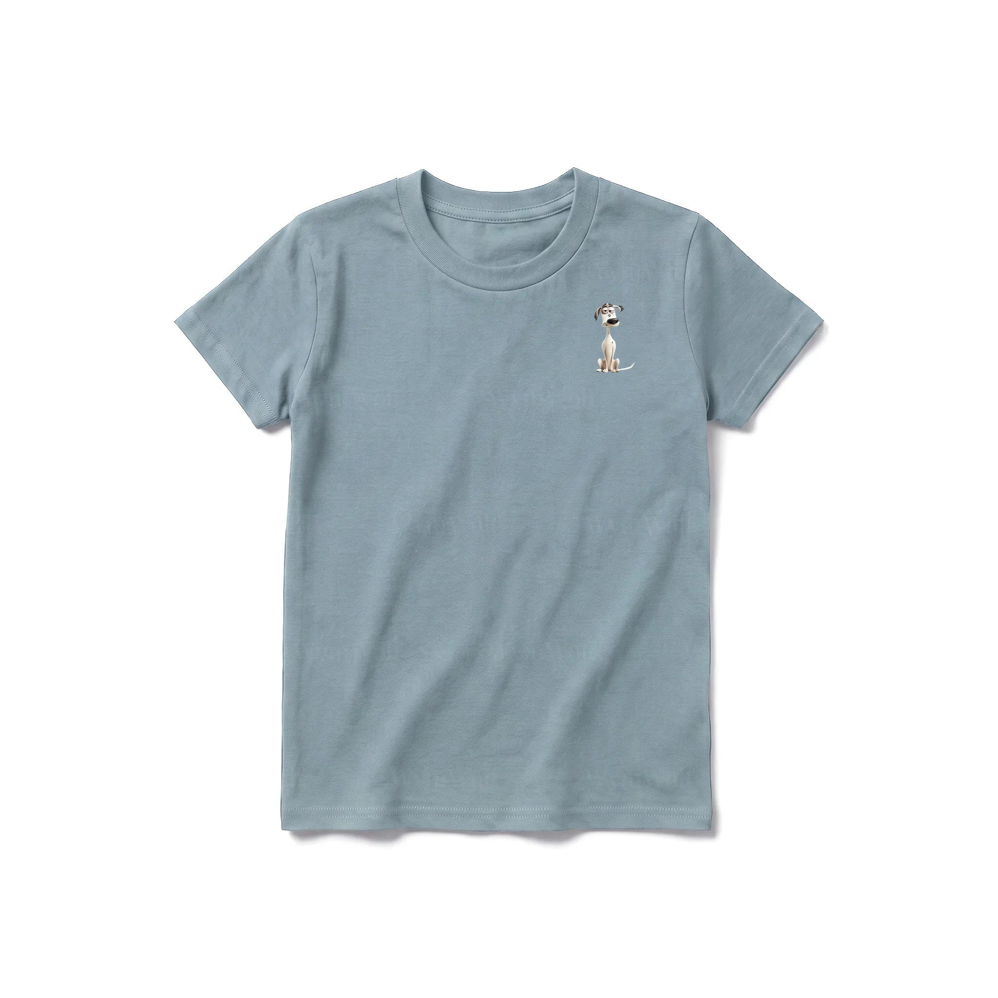 A sage short-sleeve crewneck t-shirt for youth featuring a graphic of a dog on the left chest.
