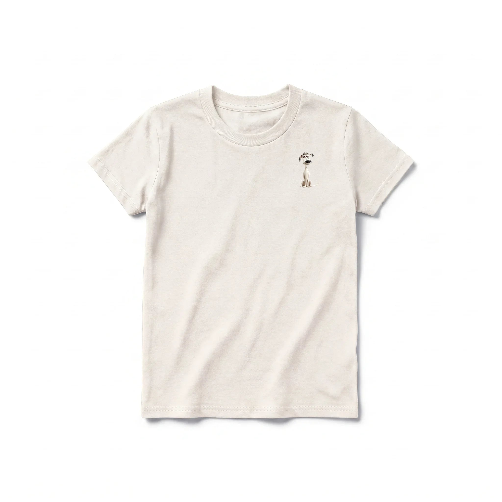 Un T-shirt blanc vintage à manches courtes et col rond pour jeune, orné d'un motif représentant un chien sur la poitrine gauche.