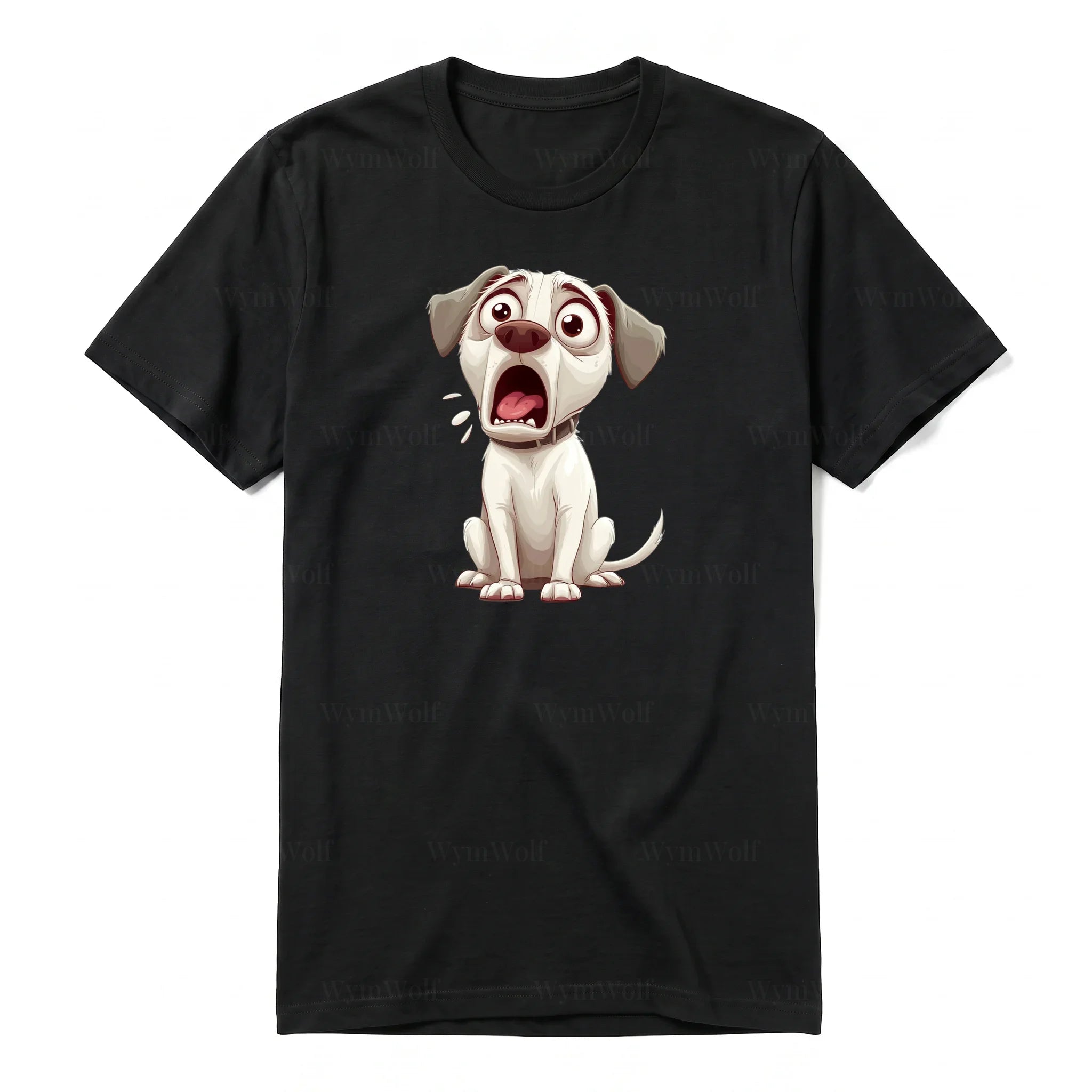 A black short-sleeve crewneck t-shirt for adult featuring a graphic of a dog on the front.