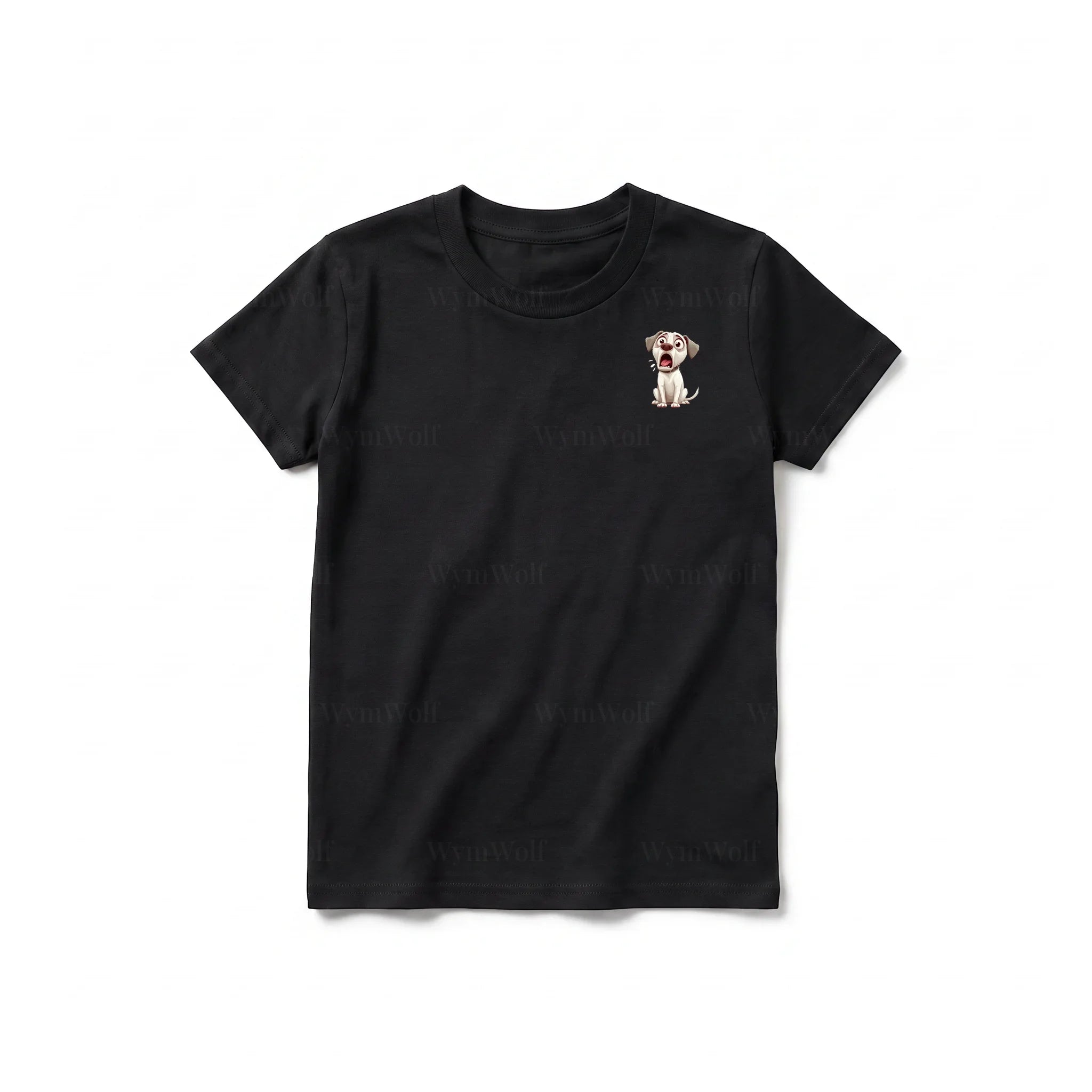 A black short-sleeve crewneck t-shirt for youth featuring a graphic of a dog on the left chest.