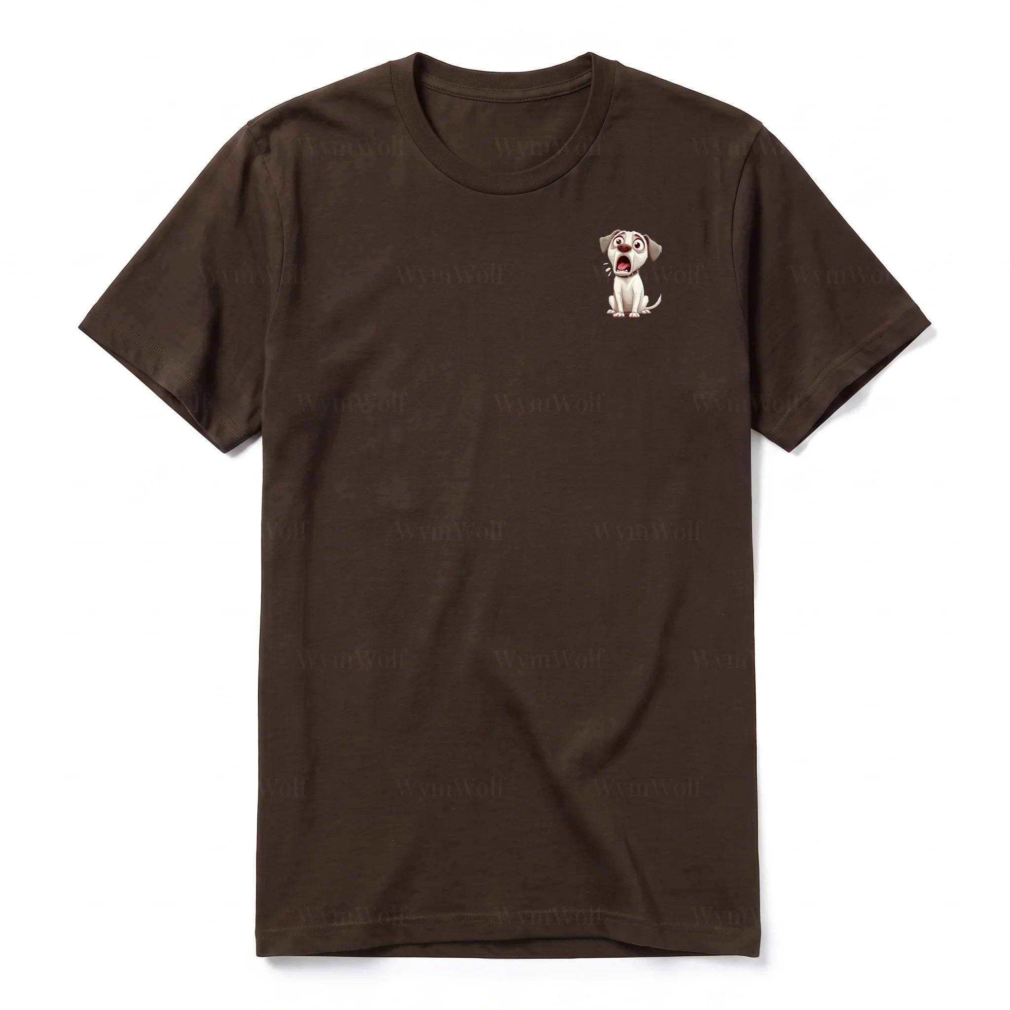 A chocolate short-sleeve crewneck t-shirt for adult featuring a graphic of a dog on the left chest.