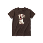 A chocolate short-sleeve crewneck t-shirt for youth featuring a graphic of a dog on the front.