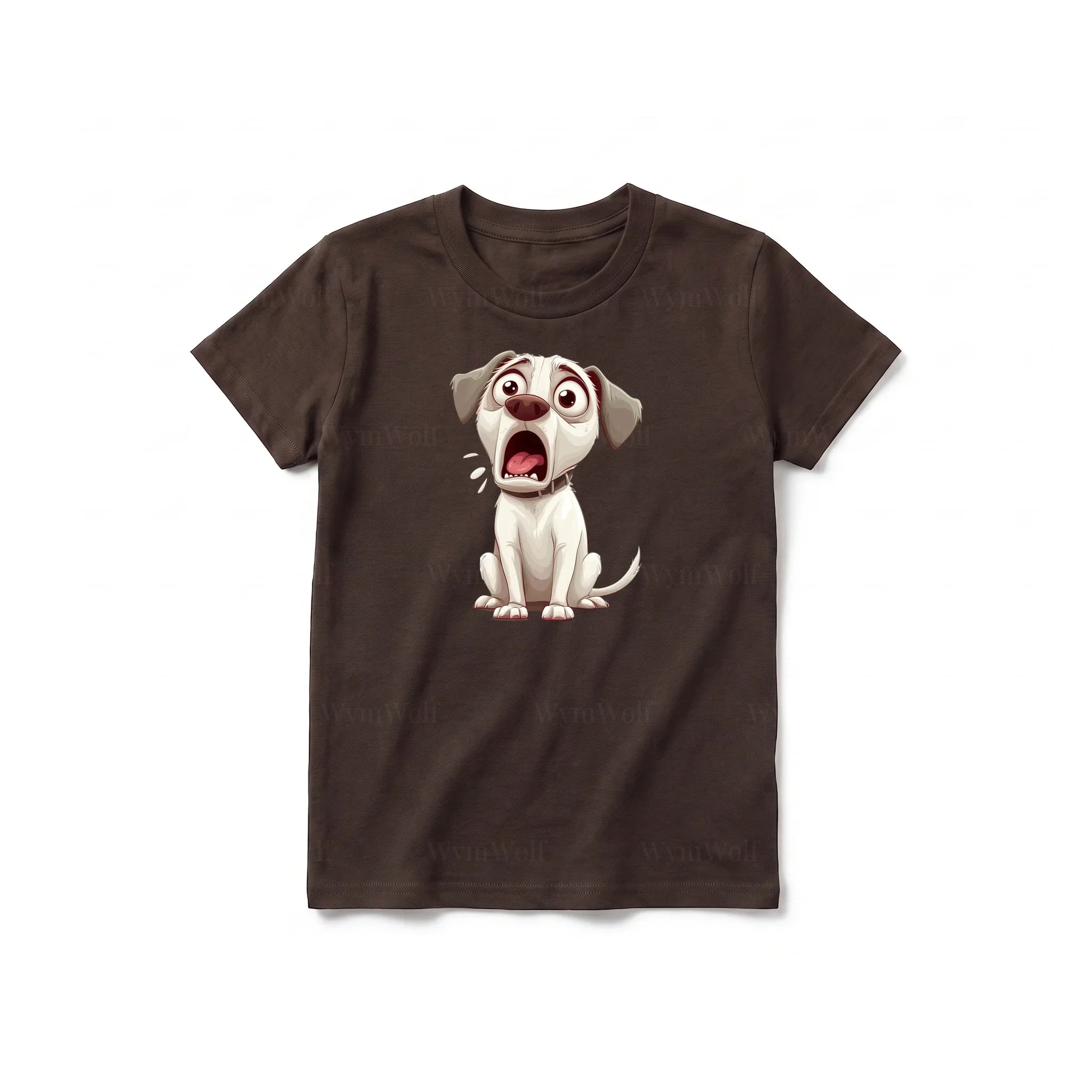 A chocolate short-sleeve crewneck t-shirt for youth featuring a graphic of a dog on the front.