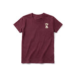 A maroon short-sleeve crewneck t-shirt for youth featuring a graphic of a dog on the left chest.