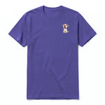 A purple short-sleeve crewneck t-shirt for adult featuring a graphic of a dog on the left chest.