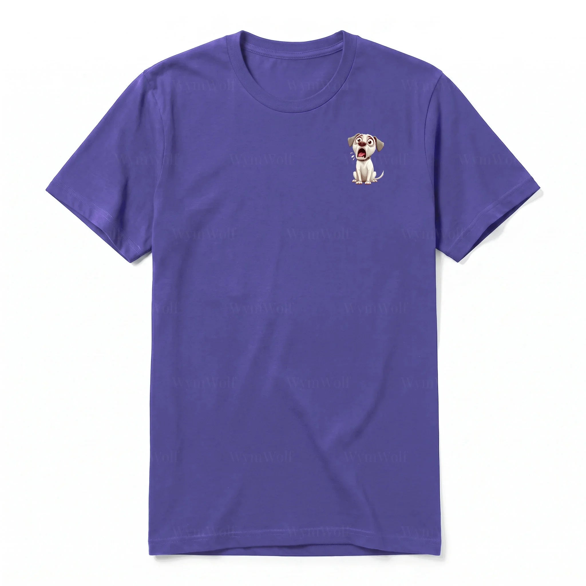 A purple short-sleeve crewneck t-shirt for adult featuring a graphic of a dog on the left chest.