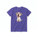 A purple short-sleeve crewneck t-shirt for youth featuring a graphic of a dog on the front.