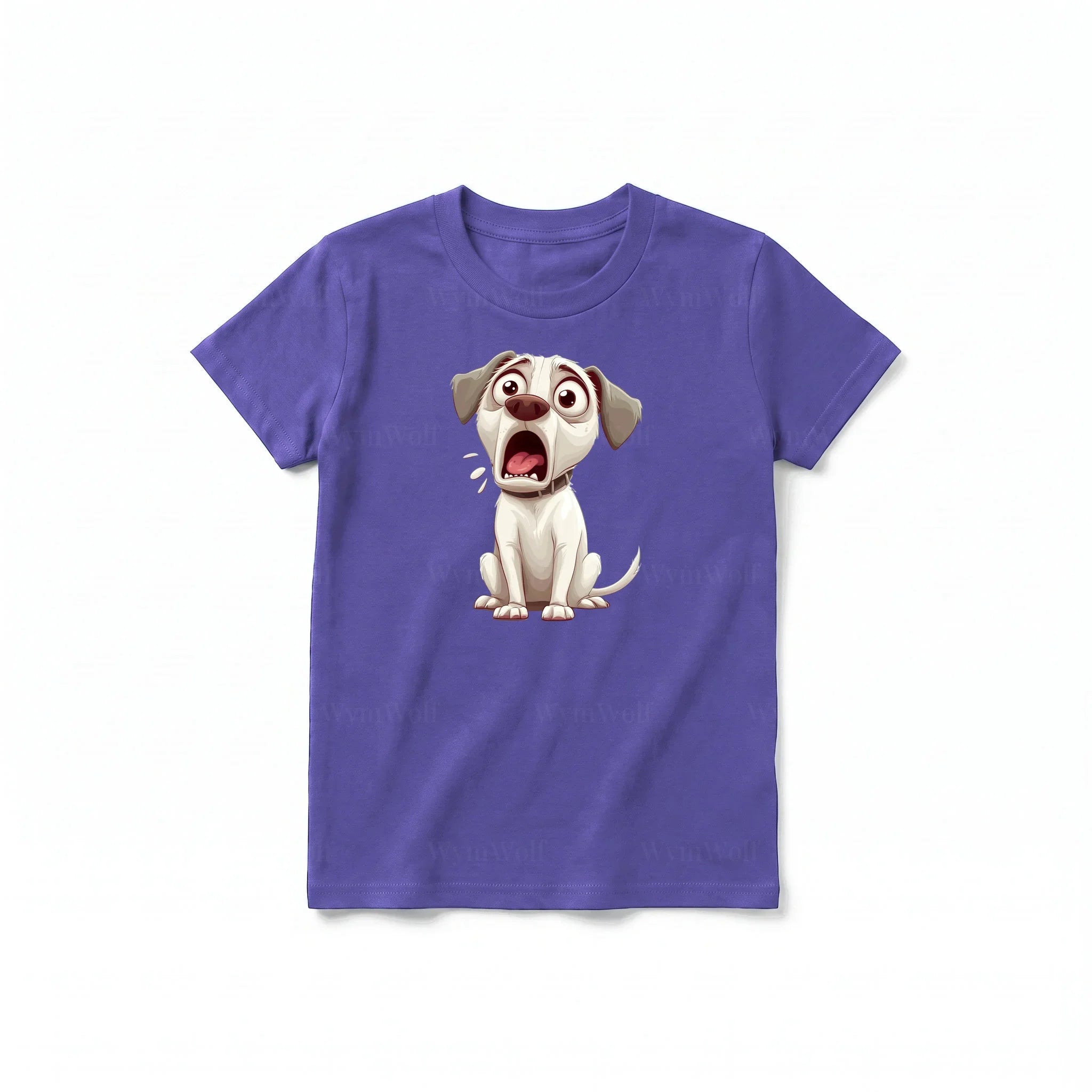 A purple short-sleeve crewneck t-shirt for youth featuring a graphic of a dog on the front.