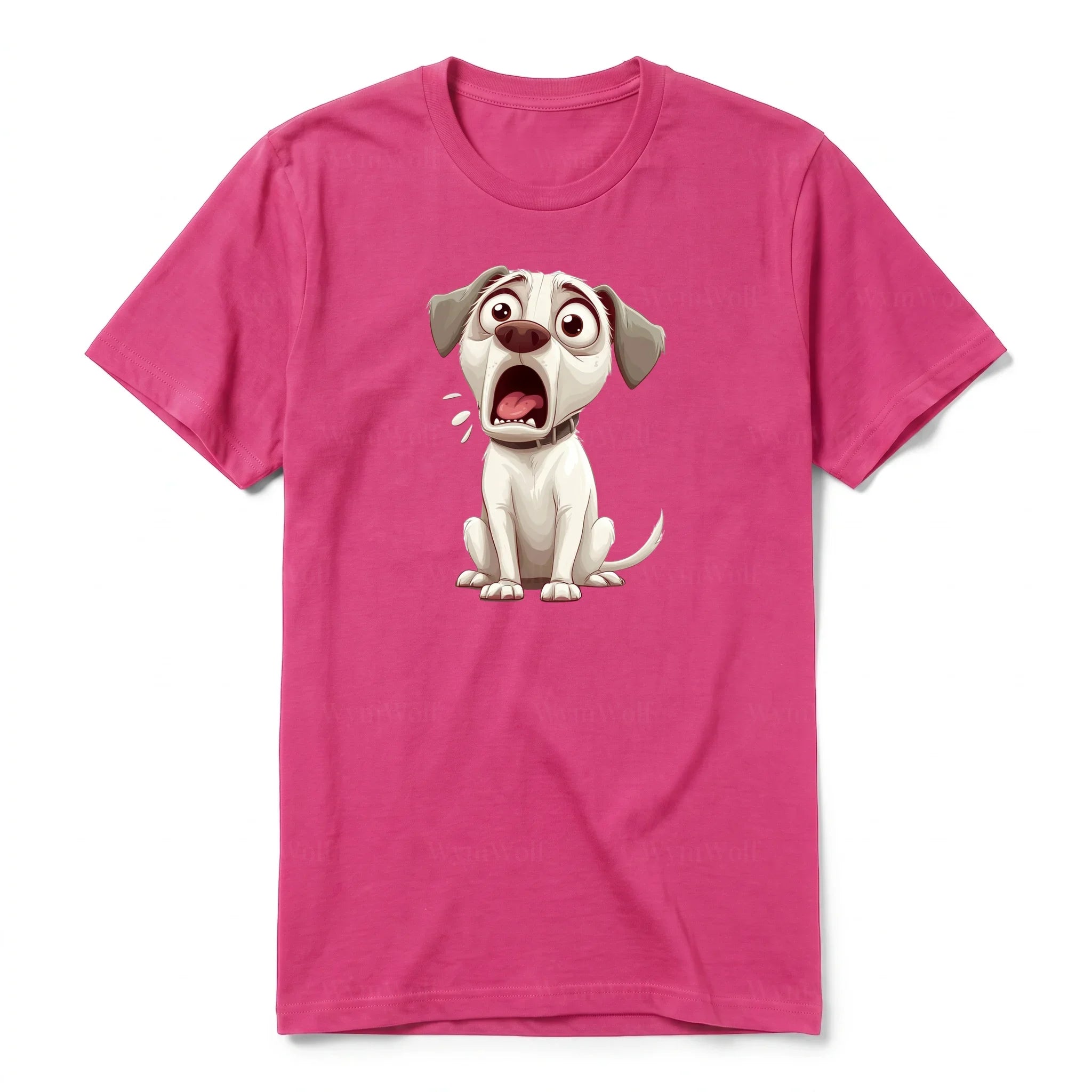 A raspberry short-sleeve crewneck t-shirt for adult featuring a graphic of a dog on the front.