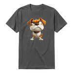 A charcoal short-sleeve crewneck t-shirt for adult featuring a graphic of a dog on the front.