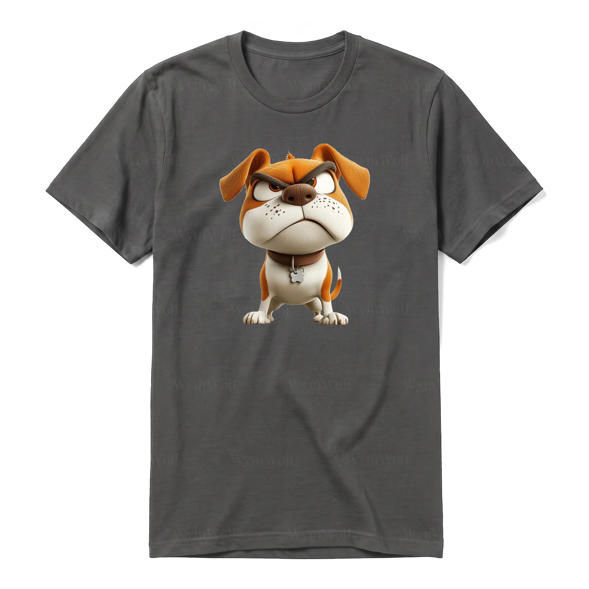 A charcoal short-sleeve crewneck t-shirt for adult featuring a graphic of a dog on the front.