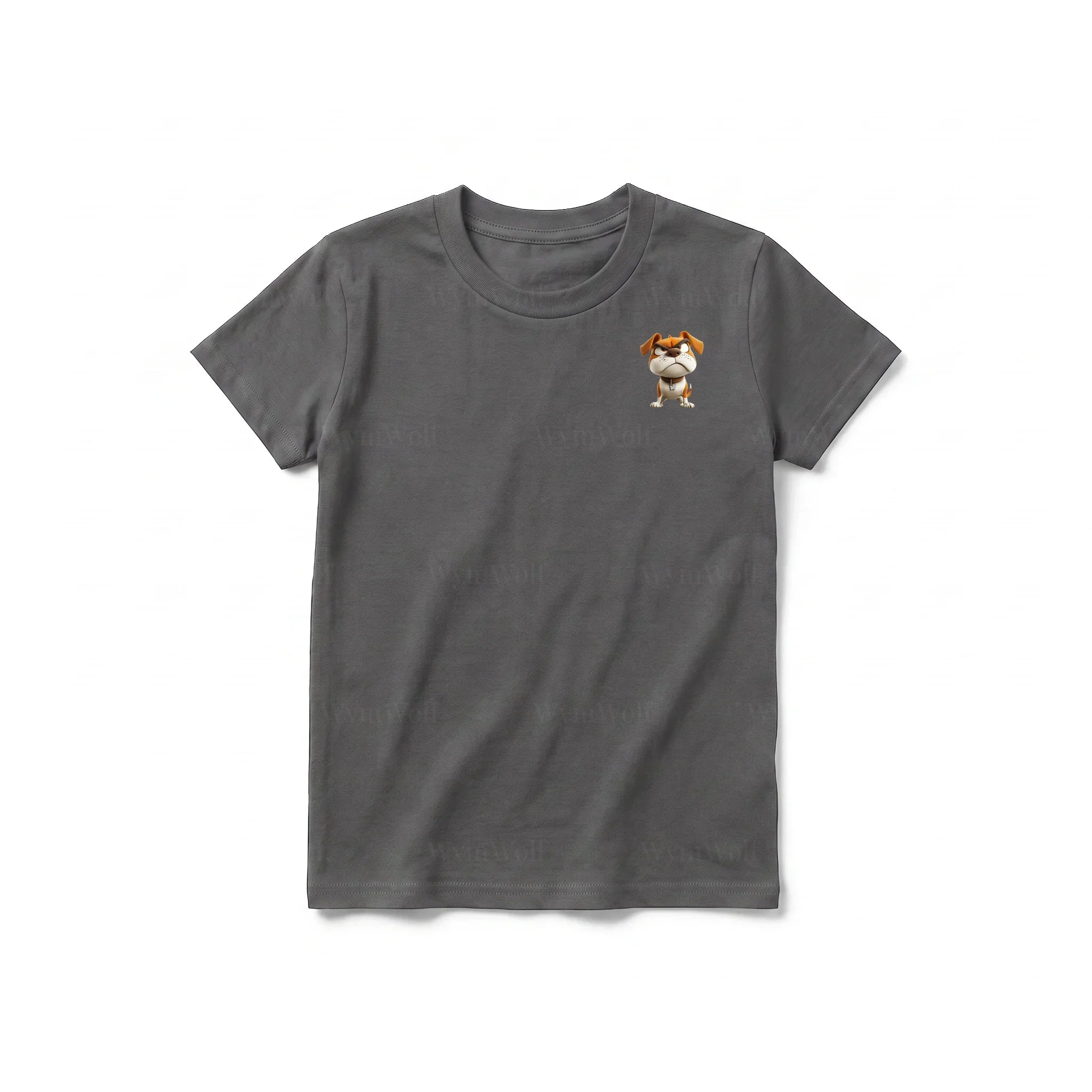 A charcoal short-sleeve crewneck t-shirt for youth featuring a graphic of a dog on the left chest.