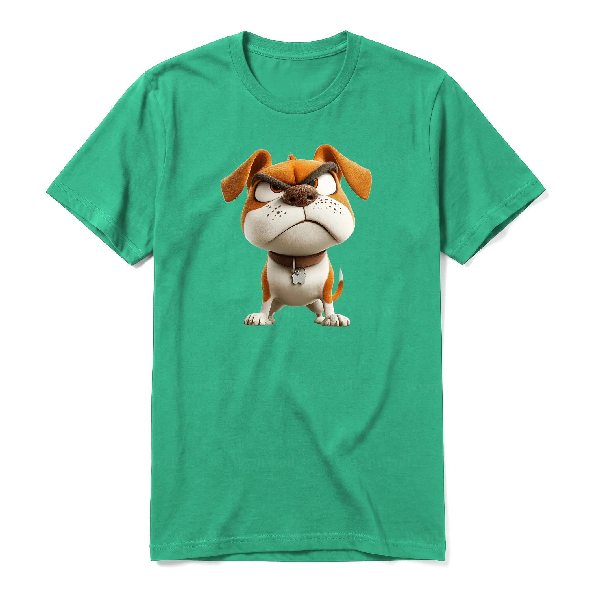 A kelly short-sleeve crewneck t-shirt for adult featuring a graphic of a dog on the front.