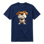 A navy short-sleeve crewneck t-shirt for adult featuring a graphic of a dog on the front.