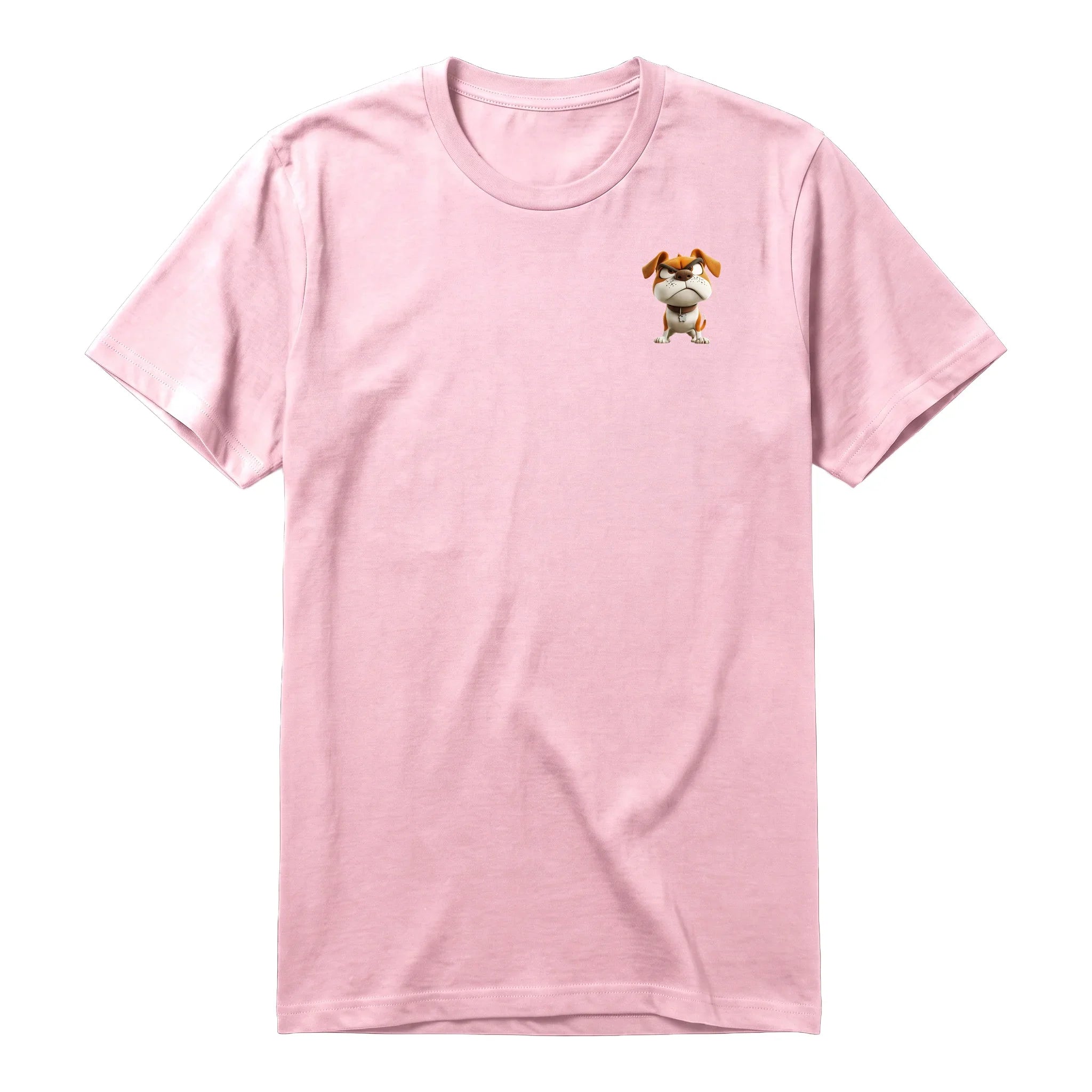 A pink short-sleeve crewneck t-shirt for adult featuring a graphic of a dog on the left chest.