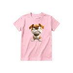 A pink short-sleeve crewneck t-shirt for youth featuring a graphic of a dog on the front.