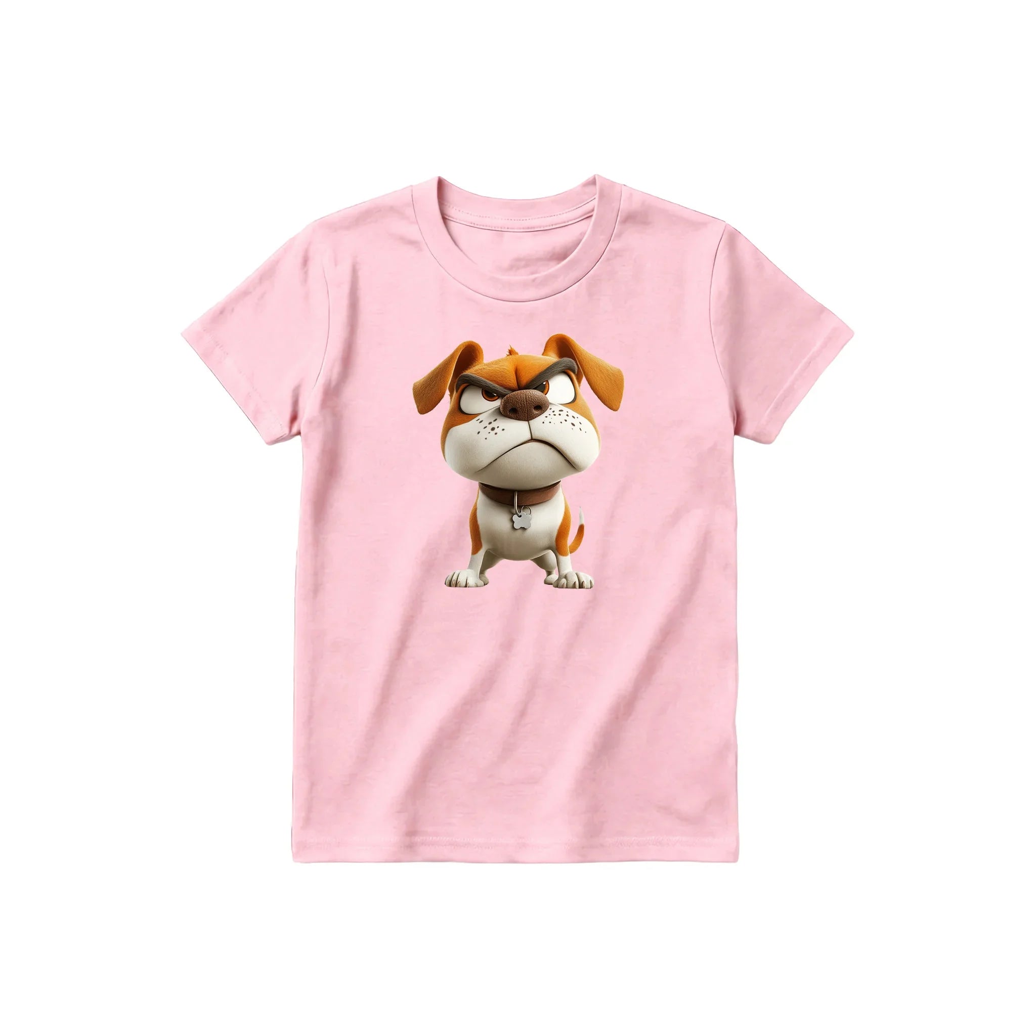 A pink short-sleeve crewneck t-shirt for youth featuring a graphic of a dog on the front.