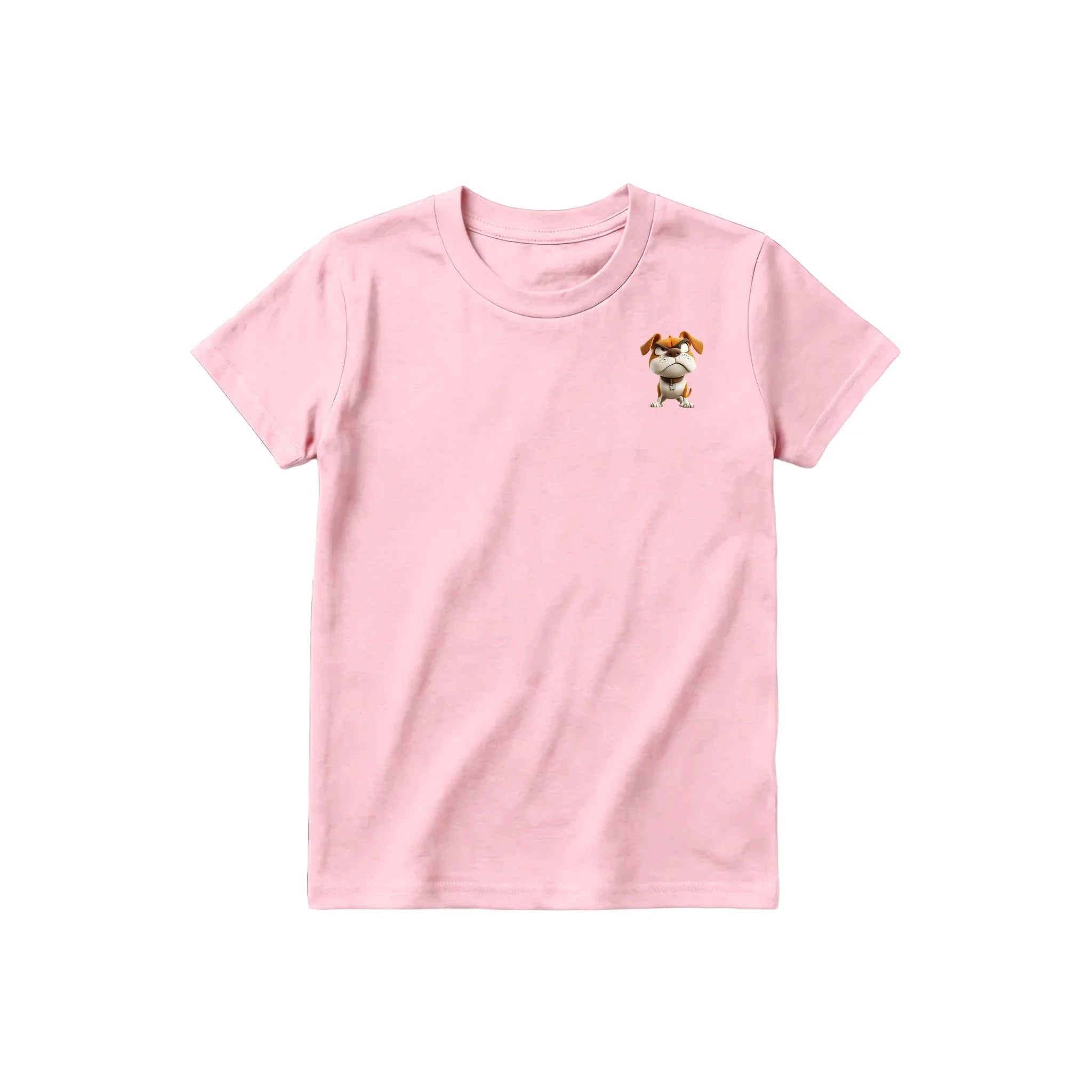 A pink short-sleeve crewneck t-shirt for youth featuring a graphic of a dog on the left chest.