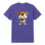 A purple short-sleeve crewneck t-shirt for adult featuring a graphic of a dog on the front.