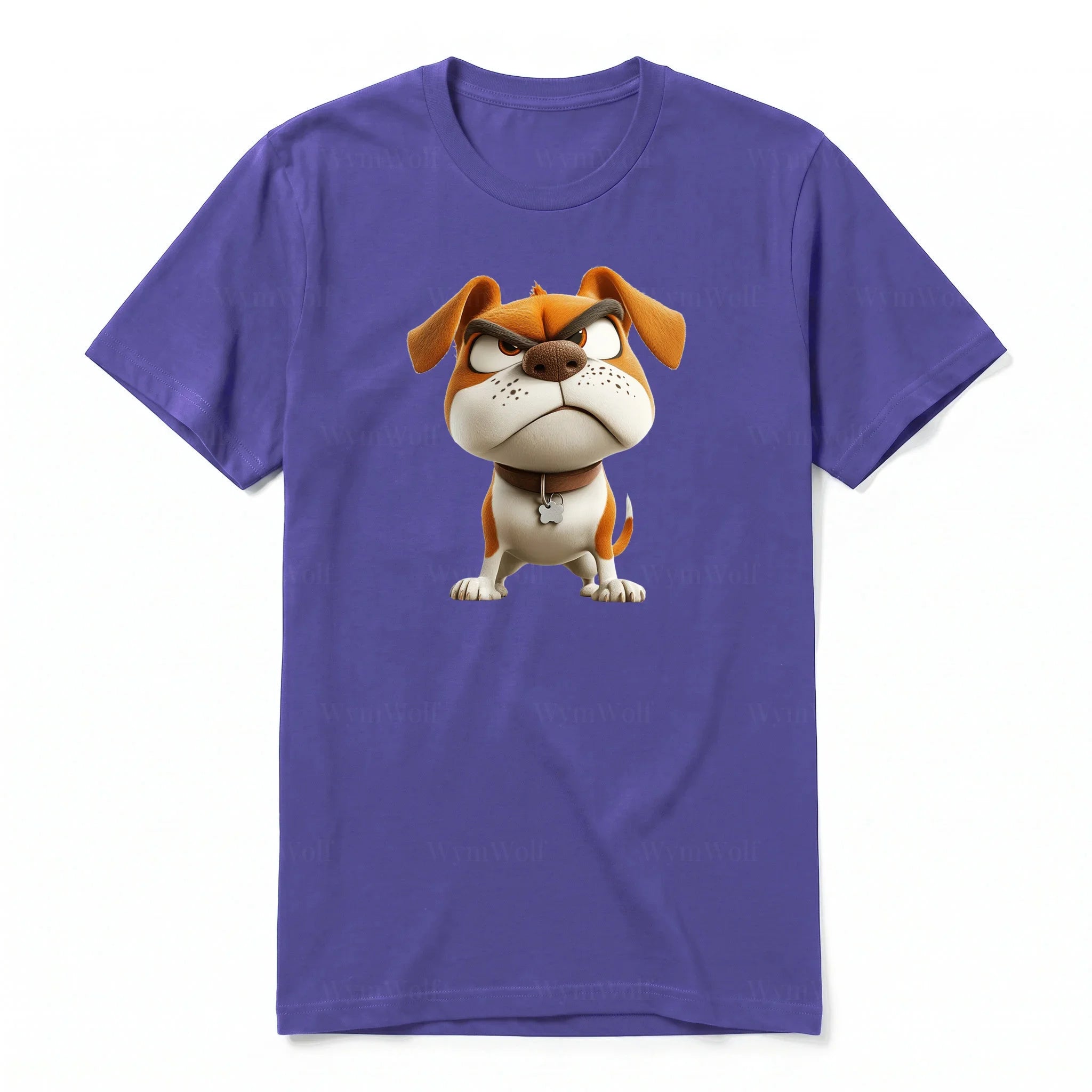 A purple short-sleeve crewneck t-shirt for adult featuring a graphic of a dog on the front.