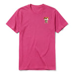 A raspberry short-sleeve crewneck t-shirt for adult featuring a graphic of a dog on the left chest.