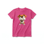 A raspberry short-sleeve crewneck t-shirt for youth featuring a graphic of a dog on the front.