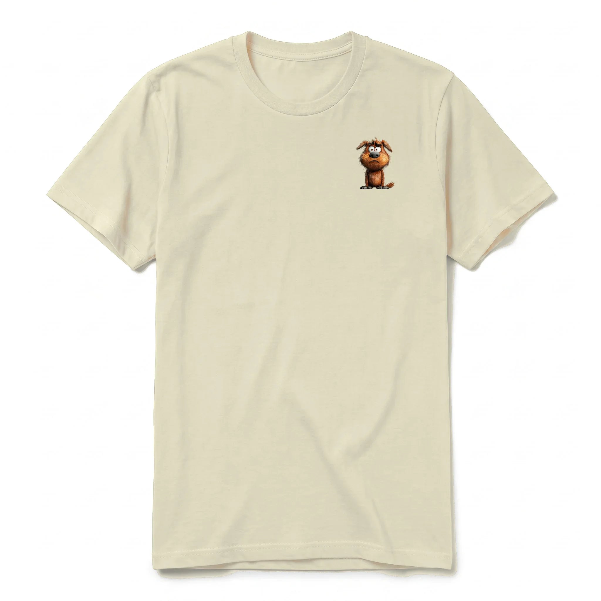 Un T-shirt latte à manches courtes et col rond, orné d'un motif représentant un chien sur la poitrine gauche.