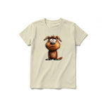 Un T-shirt latte à manches courtes et col rond pour jeune, orné d'un motif représentant un chien sur le devant.