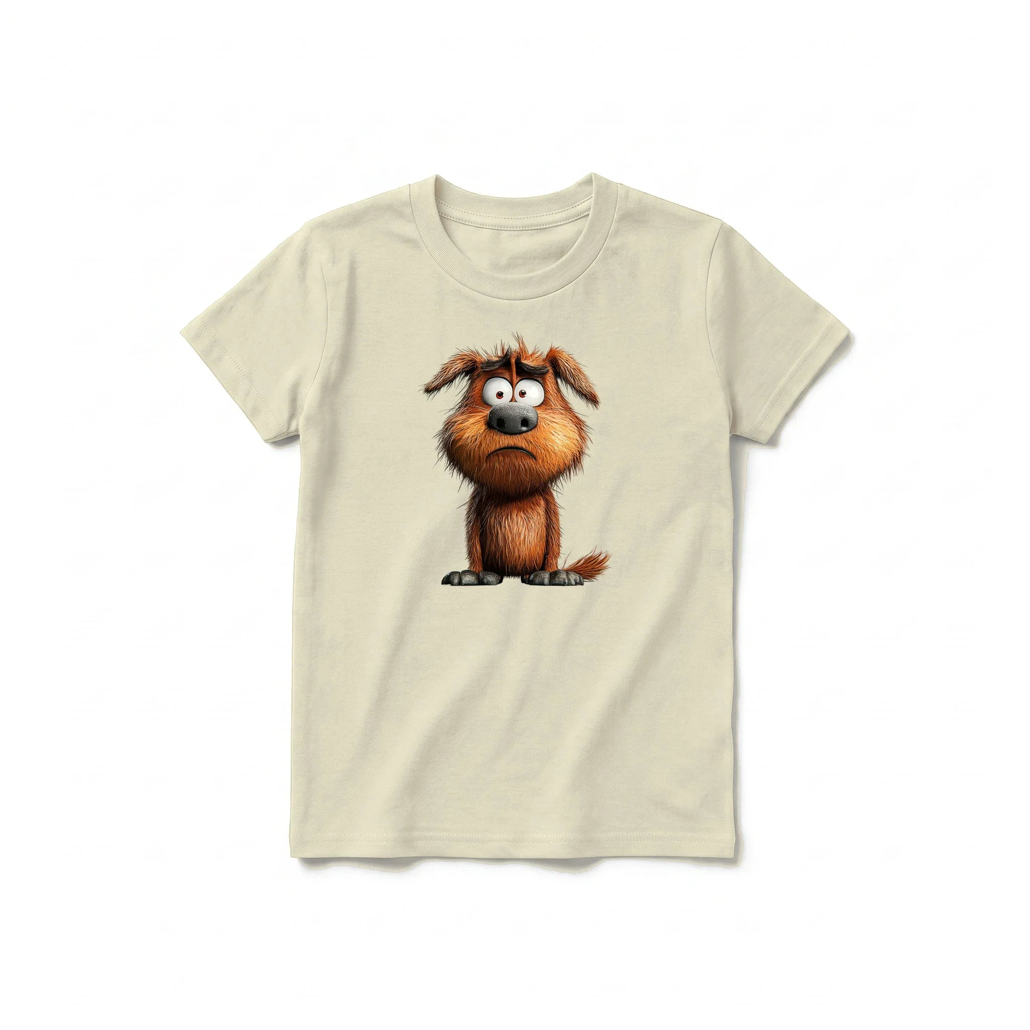 Un T-shirt latte à manches courtes et col rond pour jeune, orné d'un motif représentant un chien sur le devant.
