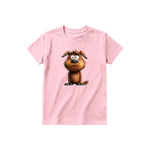 Un T-shirt rose à manches courtes et col rond pour jeune, orné d'un motif représentant un chien sur le devant.