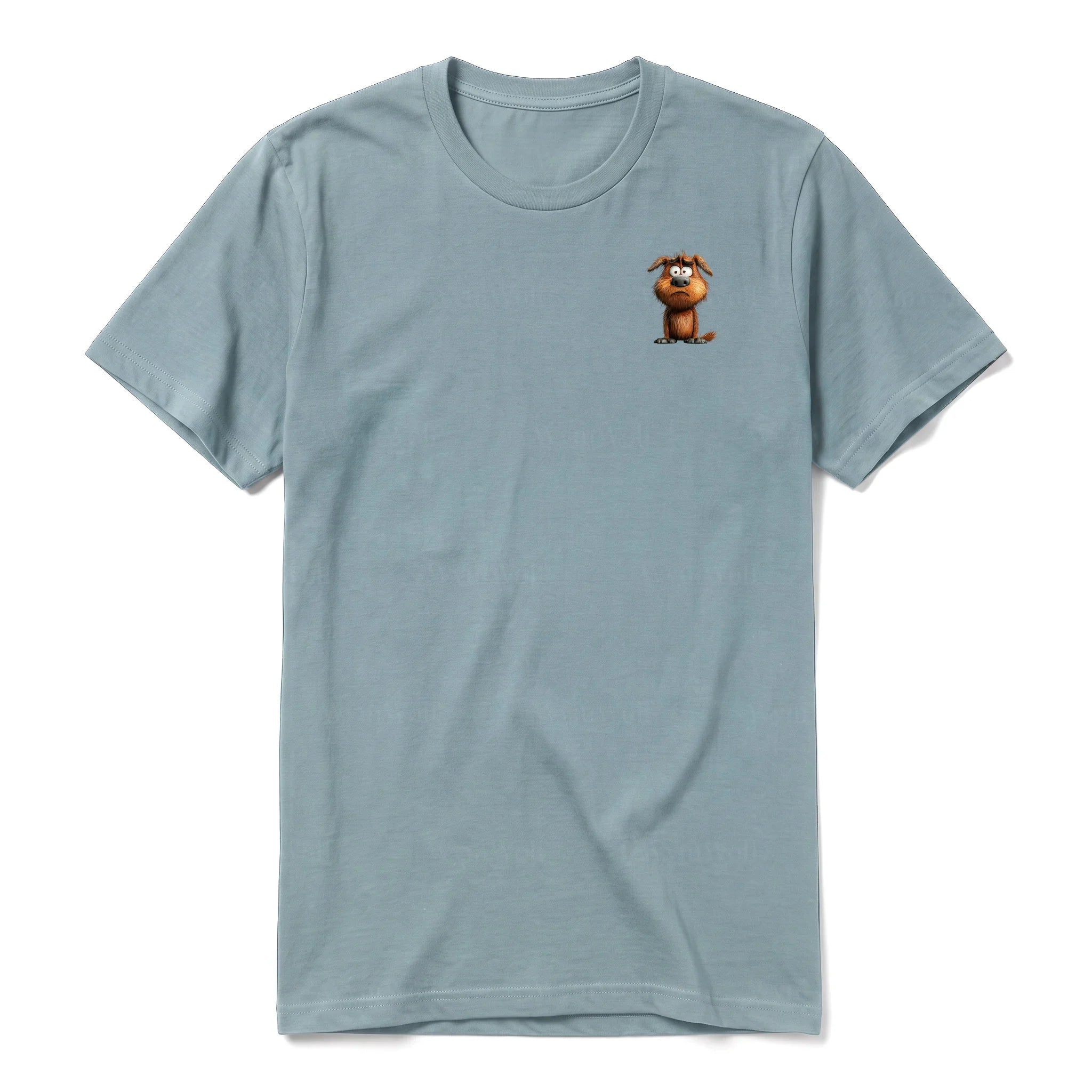 Un T-shirt sauge à manches courtes et col rond, orné d'un motif représentant un chien sur la poitrine gauche.