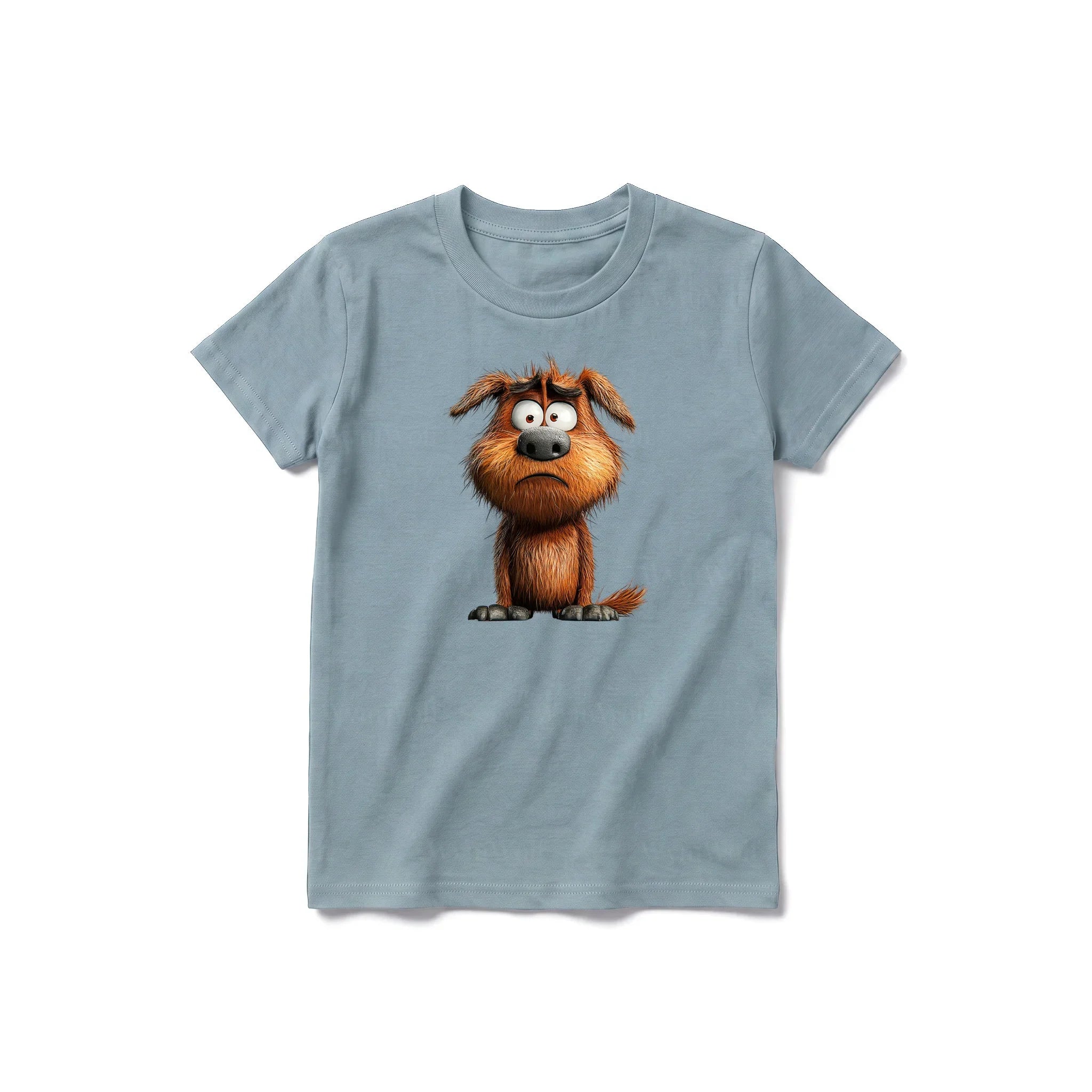 Un T-shirt sauge à manches courtes et col rond pour jeune, orné d'un motif représentant un chien sur le devant.