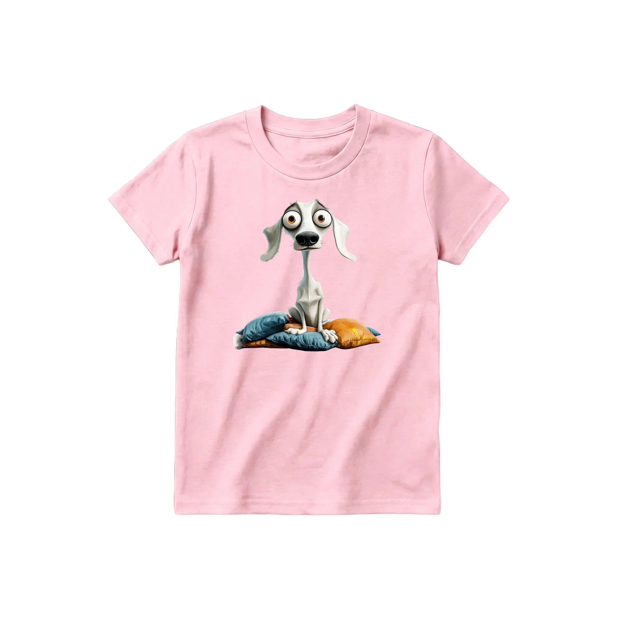 Un T-shirt rose à manches courtes et col rond pour jeune, orné d'un motif représentant un chien sur le devant.