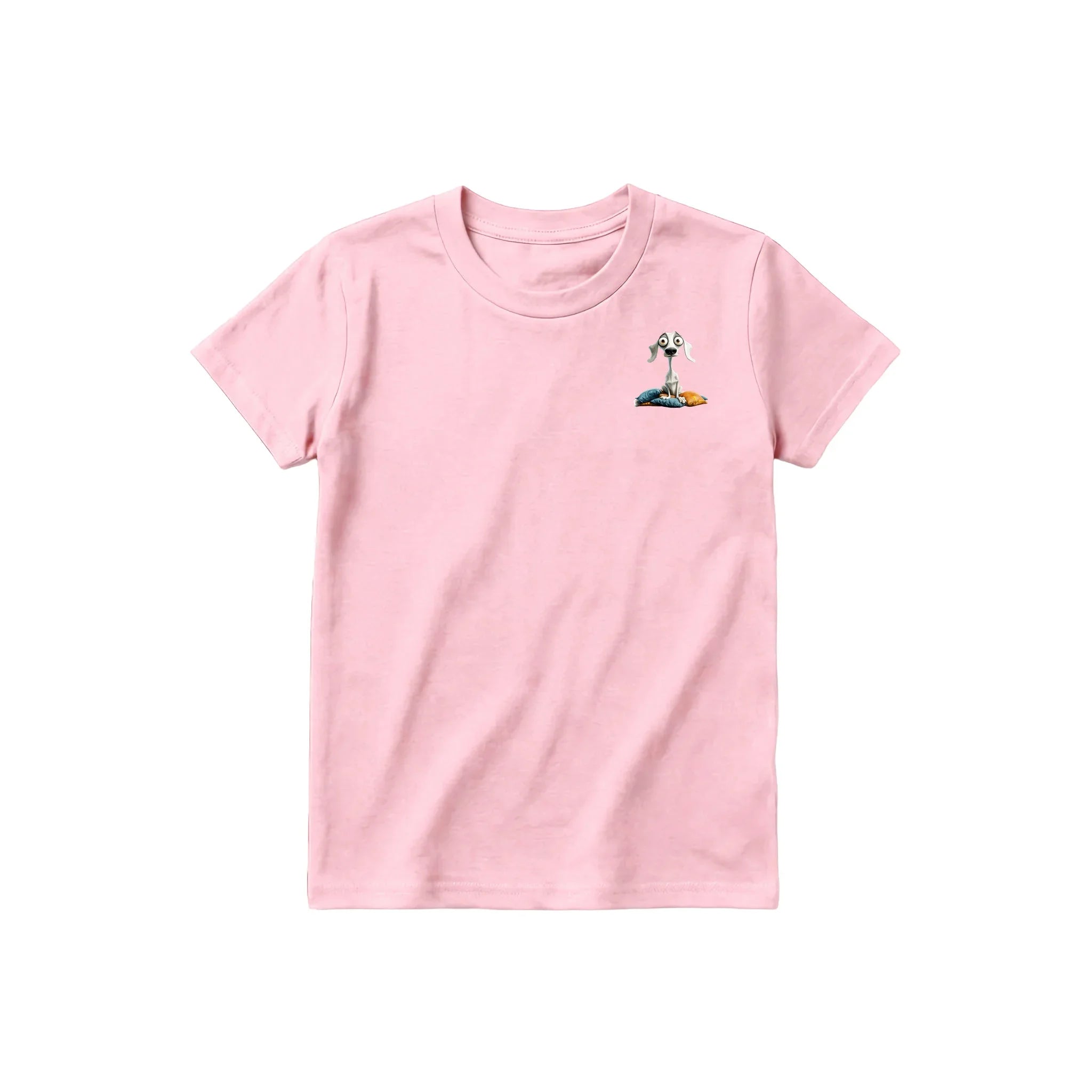Un T-shirt rose à manches courtes et col rond pour jeune, orné d'un motif représentant un chien sur la poitrine gauche.
