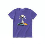 A purple short-sleeve crewneck t-shirt for youth featuring a graphic of a dog on the front.