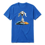A royal short-sleeve crewneck t-shirt for adult featuring a graphic of a dog on the front.