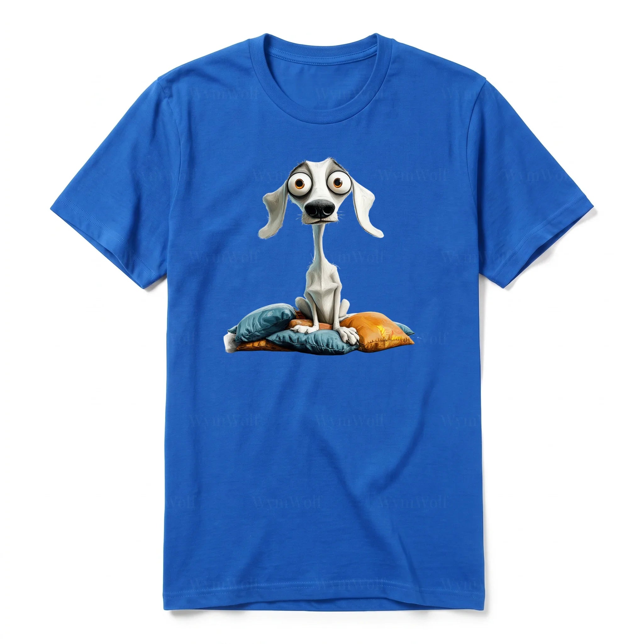 A royal short-sleeve crewneck t-shirt for adult featuring a graphic of a dog on the front.